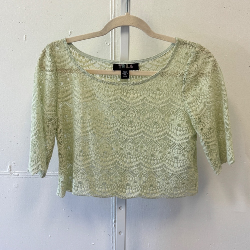 Tela Mint Green Floral Lace Crop Top 3/4 Sleeve Scoop Neck Size Medium